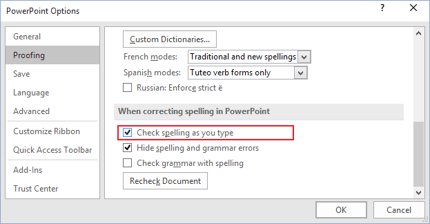 Proofing options in PowerPoint 2016