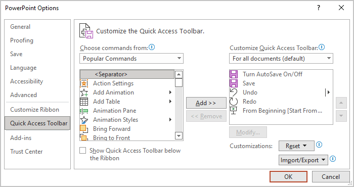 cannot customize quick access toolbar