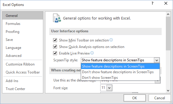 Show or hide enhanced ScreenTips - Microsoft Excel 2016