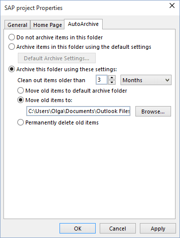 outlook 2016 archive email purge setting