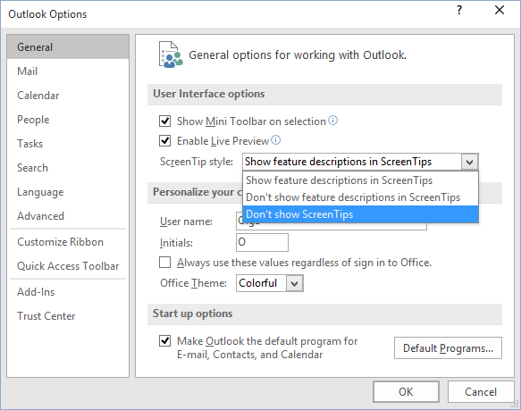 General Outlook 2016 options