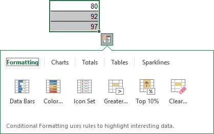 where to find the quick analysis tool in excel 2016