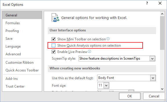 using the quick analysis tool in excel 2016 to creat a formula