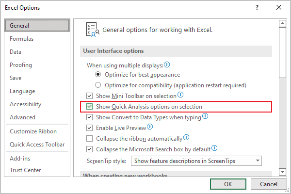 General tab in Excel 365