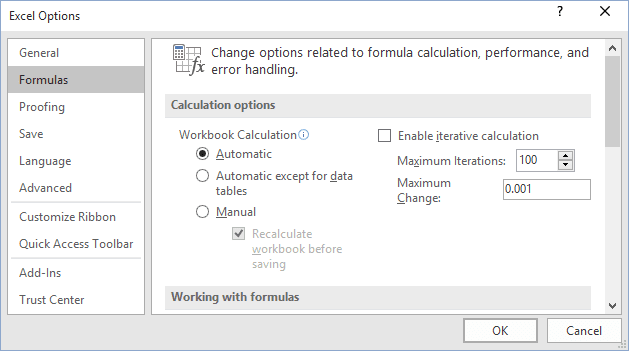 Formulas Options in Excel 2016