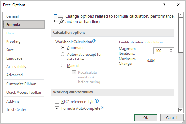 Formulas Options in Excel 365