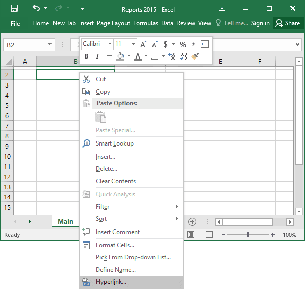 paste link in excel 2016