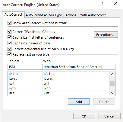 AutoCorrect entry Excel 2016