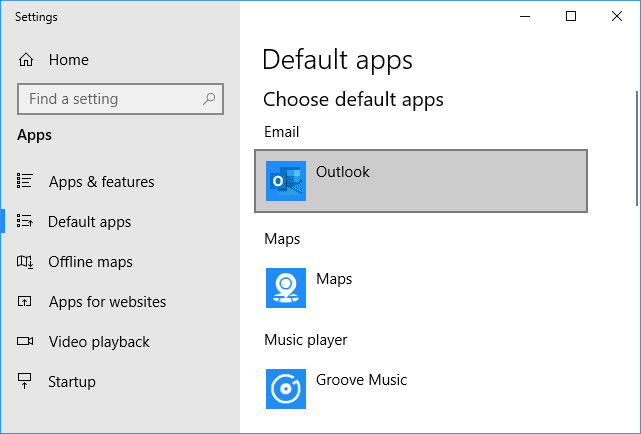 Default apps Email - Outlook - Windows 10