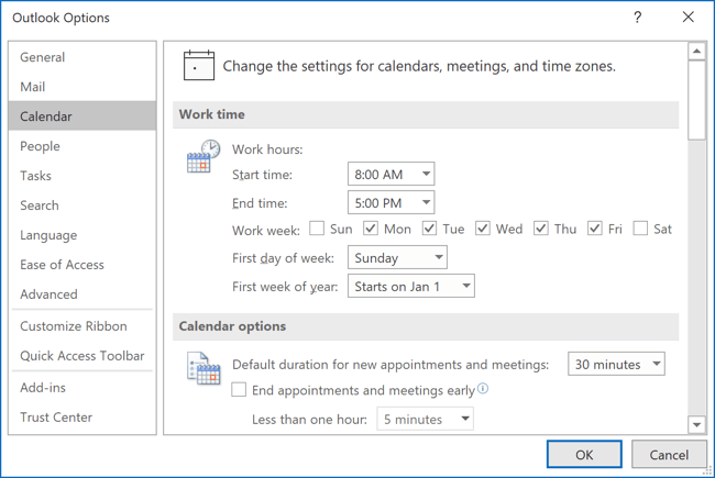 How to change working days and time in the Outlook calendar - Microsoft  Outlook 365