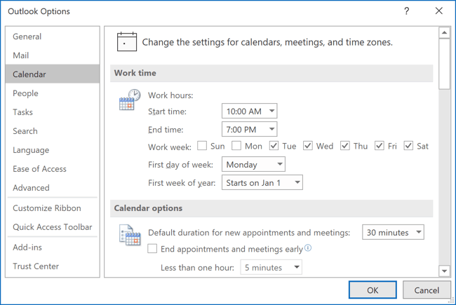 How to change working days and time in the Outlook calendar Microsoft