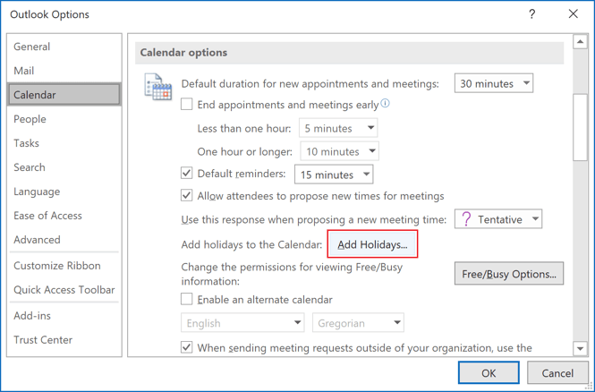 Calendar options Outlook 365