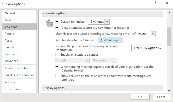 Calendar options Outlook 2016