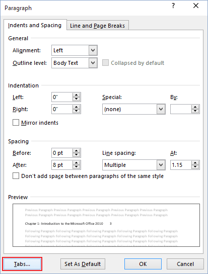 Tabs in Word 2016