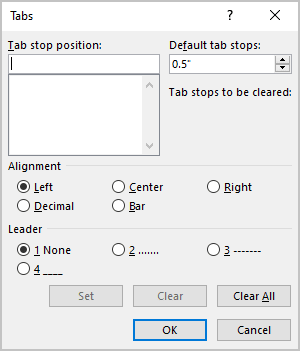 Setting tabs using the Tabs dialog box - Microsoft Word 365