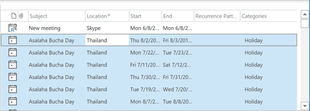 List holidays in Outlook 365