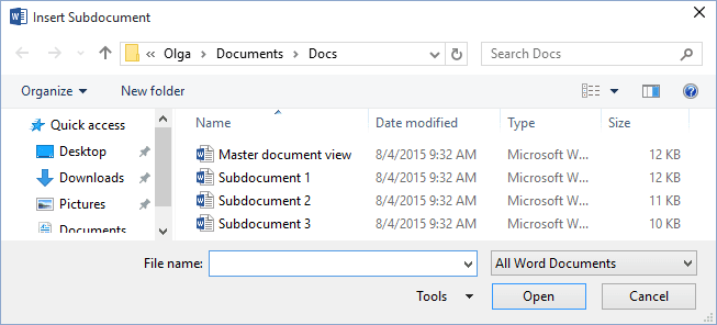 Insert Subdocument in Word 2016