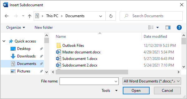 Insert Subdocument in Word 365