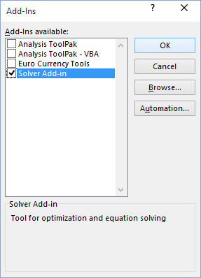 Solver Add-In in Excel 2016