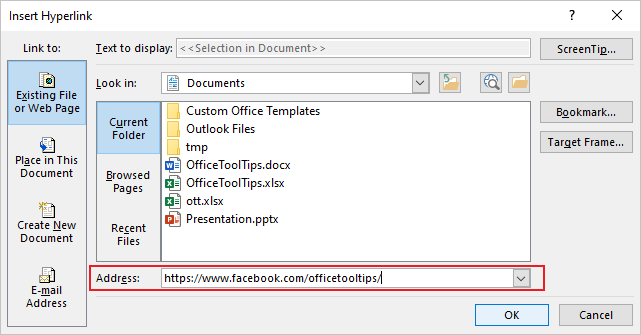 Insert Hyperlink dialog box in Outlook 365