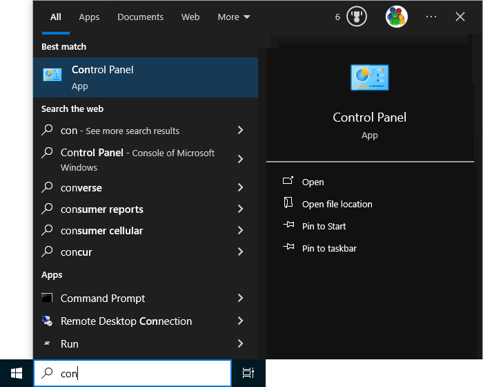 Windows 10 Control Panel in Cortana