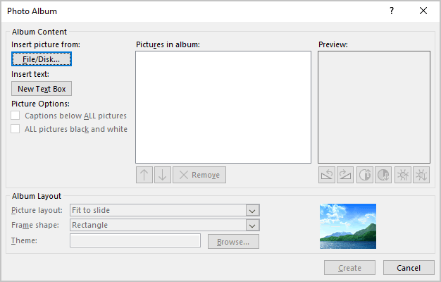 Photo Album dialog box in PowerPoint 365