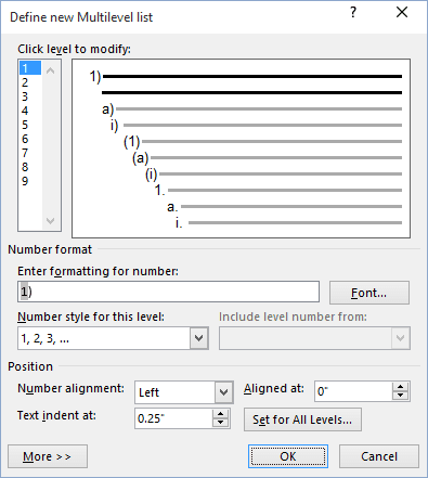 Define new Multilevel Format Word 2016