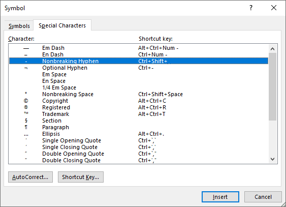 Nonbreaking Hyphen in Word 2016