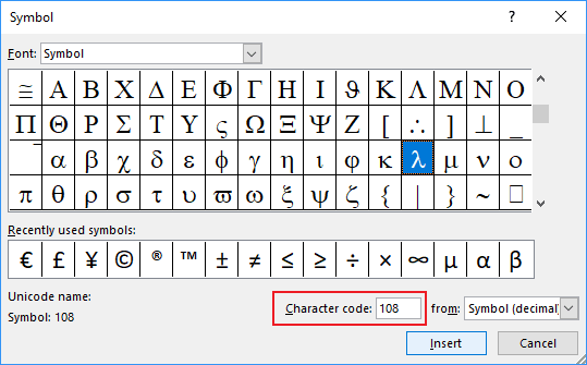 microsoft word character code for sigma