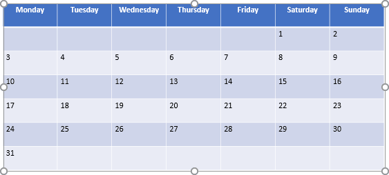 Resized table in PowerPoint 2016