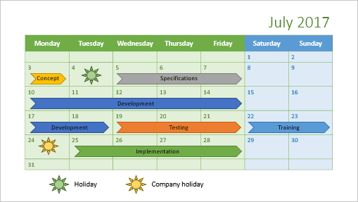 Calendar for one month in PowerPoint 2016