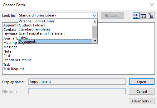 Look In in Choose Form Outlook 2016