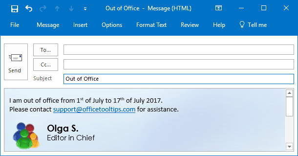 out of office message outlook