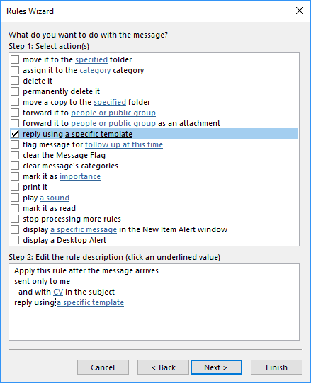 Rules Wizard Step 2 in Outlook 2016