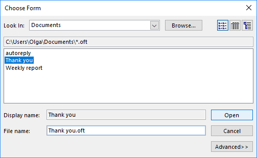 Choose Form in Outlook 2016