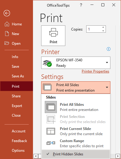 Print Hidden Slides in PowerPoint 365