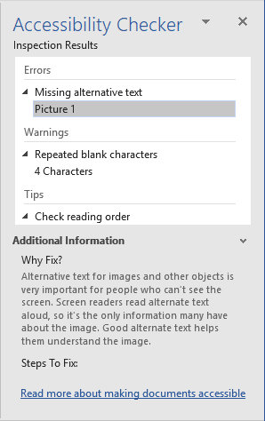 Accessibility Checker pane in Office 2016