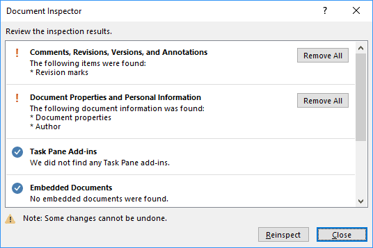 where is the document inspector in excel 2016