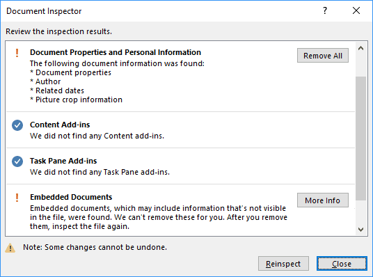Document Inspector More Info in Office 2016