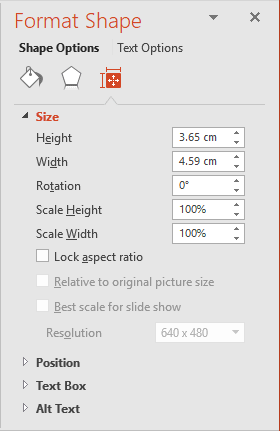 Size in Fromat Shape pane in PowerPoint 2016