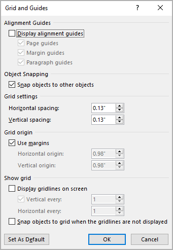 Grid and Guides dialog box in Word 365
