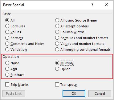 Paste Special dialog box in Excel 365