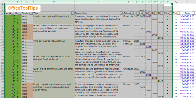 Selected data in Excel 2016