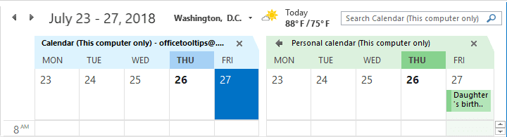 Calendar Side-by-Side view in Outlook 2016