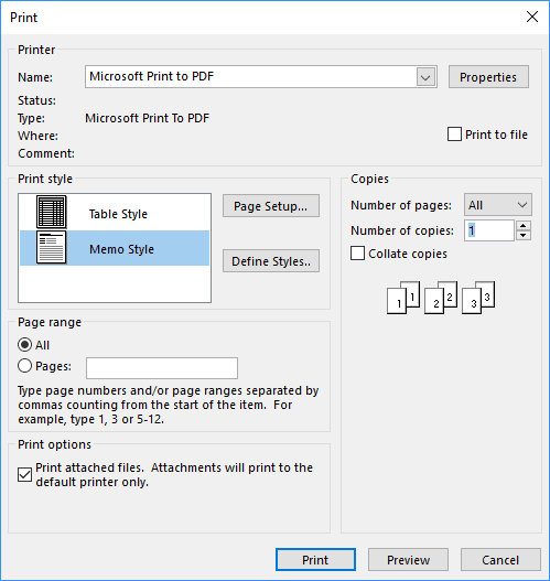 Opciones de impresión en Outlook 365