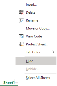 Hide spreadsheet in Excel 365