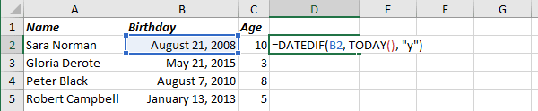 datedif excel 2016