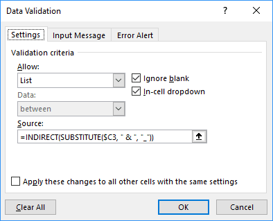 Data Validation with substitute in Excel 2016