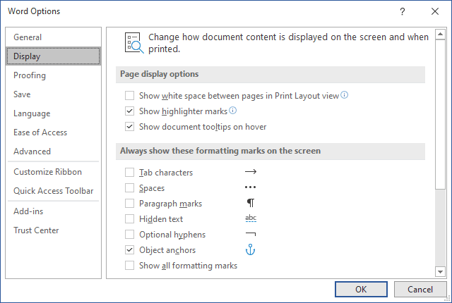 ms word formatting marks