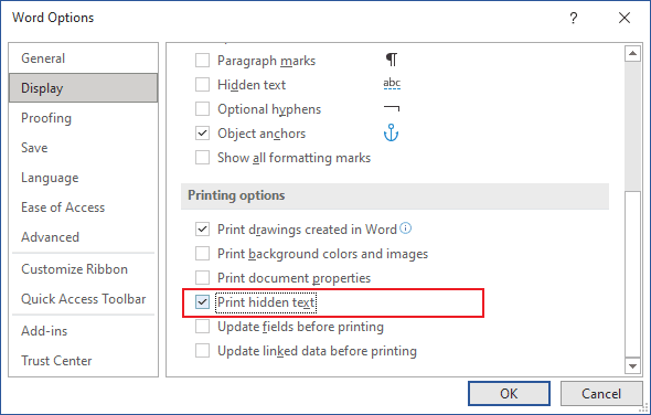 Display tab in Word Options 365